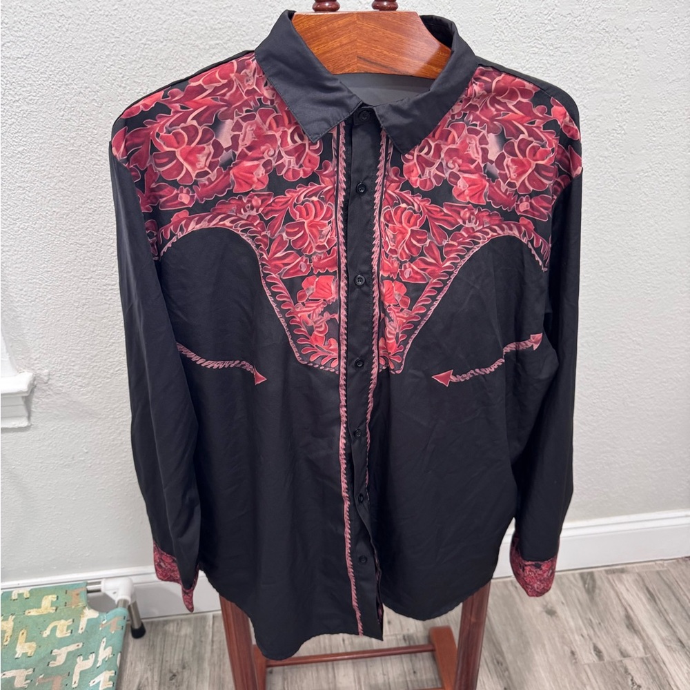 Black Dress Shirt with Red Floral Yoke